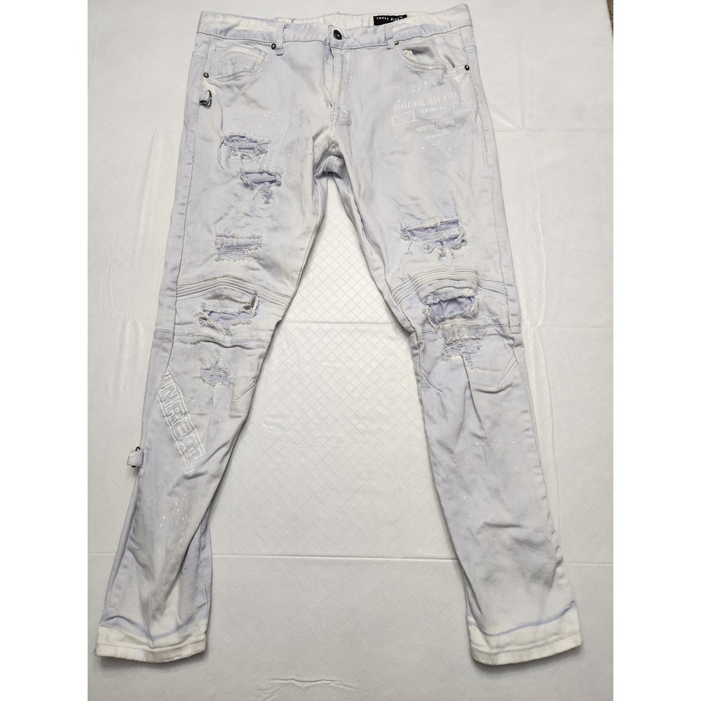 Smoke Rise‎ Jeans Mens 40x32 Blue Light Wash Distressed Skinny Moto Biker Denim